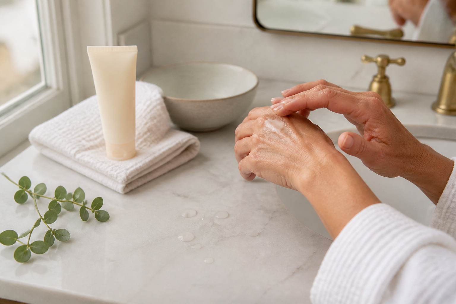 Mature hands applying skincare beside an unbranded tube, folded towel, ceramic bowl, and eucalyptus sprig.