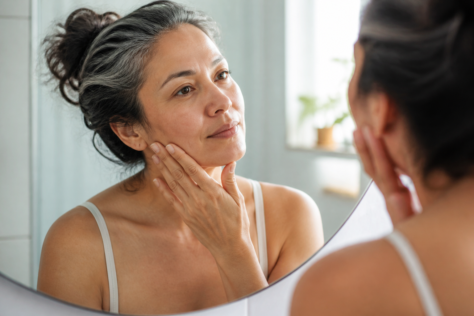 Woman with natural skin texture gently touching her jaw while looking in a bathroom mirror.