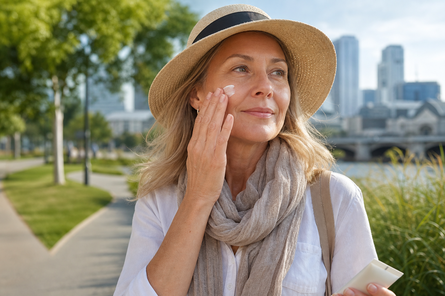 Woman wearing a sun hat and scarf applying sunscreen in a green urban park.