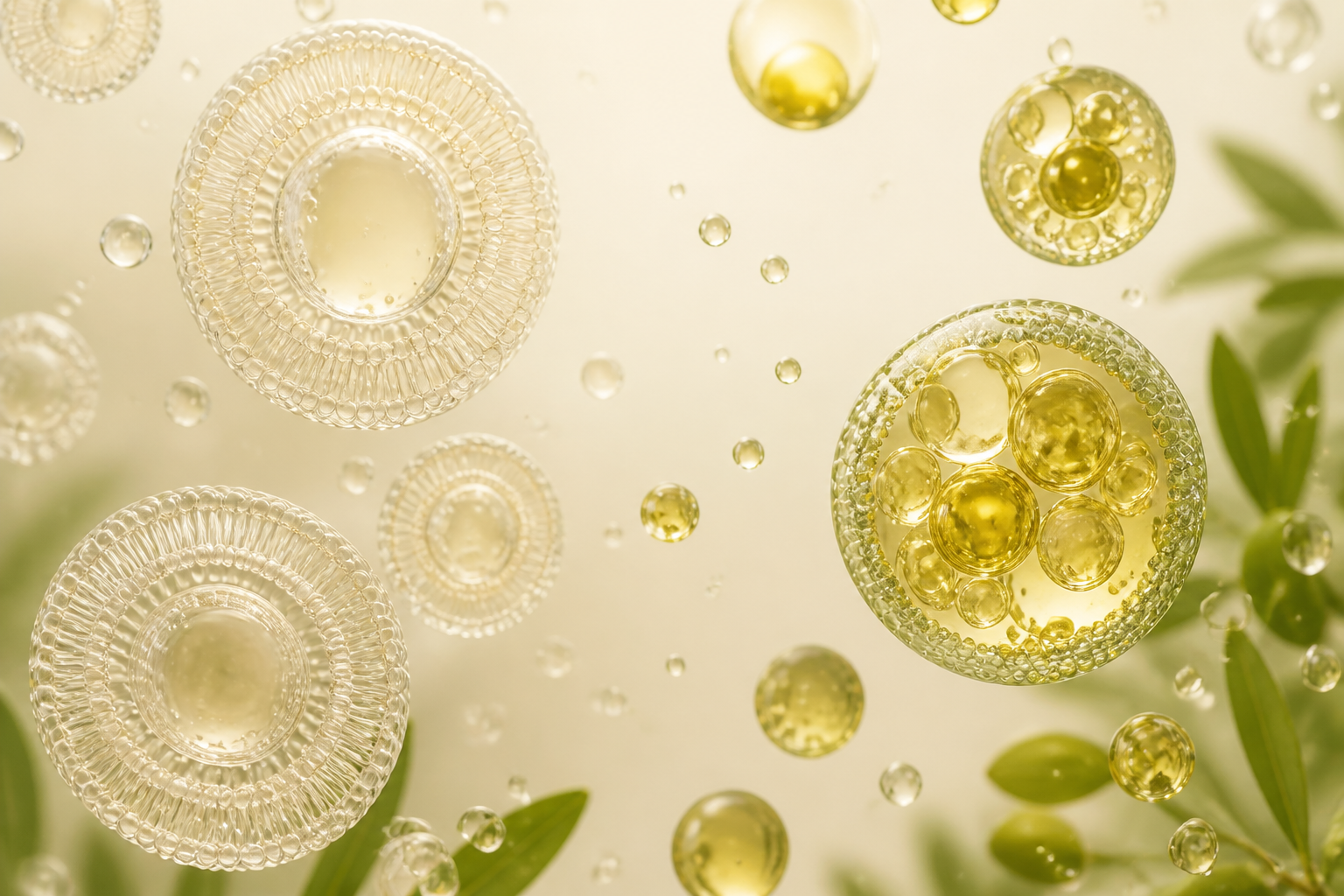 Translucent lipid spheres and golden plant-oil droplets suspended beside green leaves.