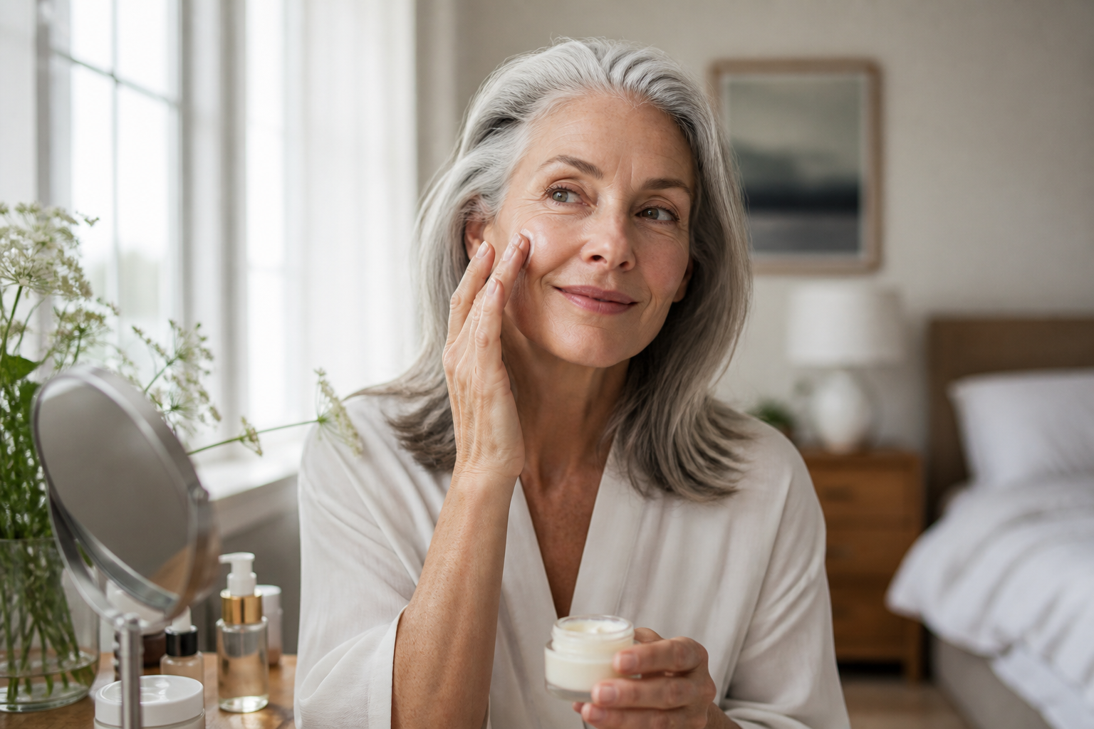 Silver-haired woman with natural skin texture applying moisturizer at a sunlit vanity.