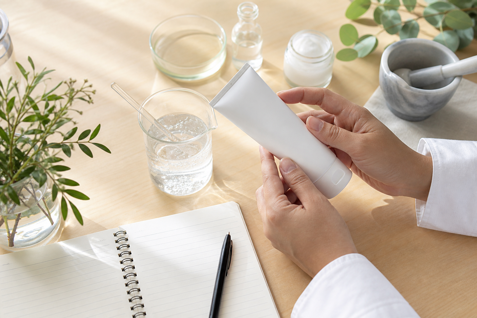 Hands reviewing an unbranded skincare tube beside a notebook and formulation glassware.