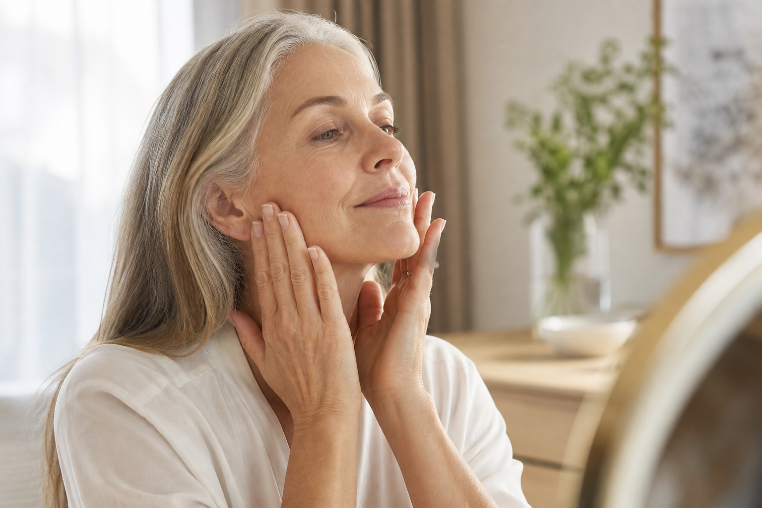 Silver-haired woman using her fingertips for gentle upward massage along her jaw and cheeks.