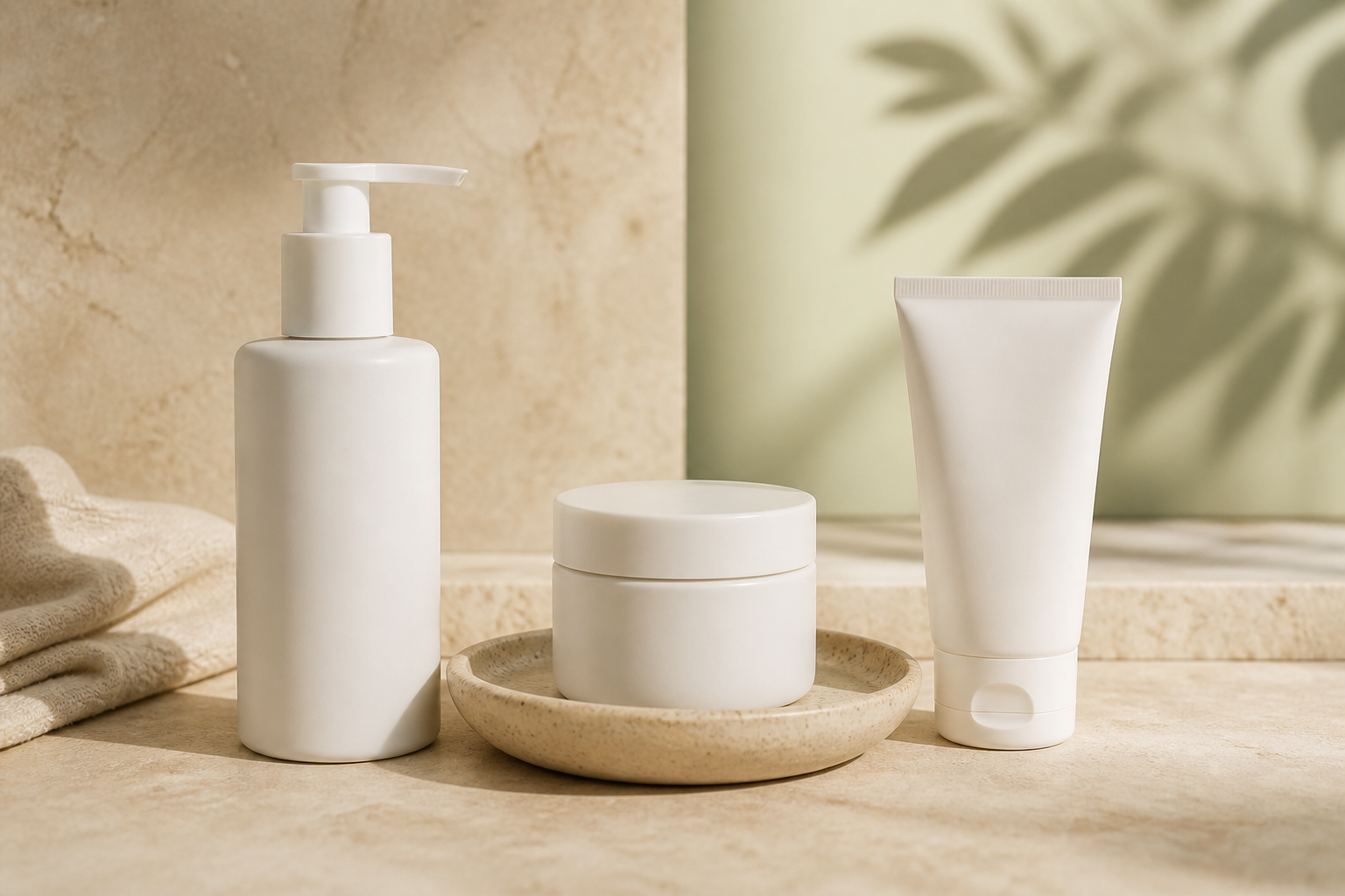 Three simple unbranded skincare containers arranged on a warm stone vanity.