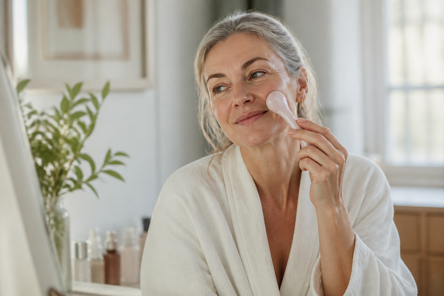 Silver-haired woman gently using a smooth white facial massage tool on her cheek.