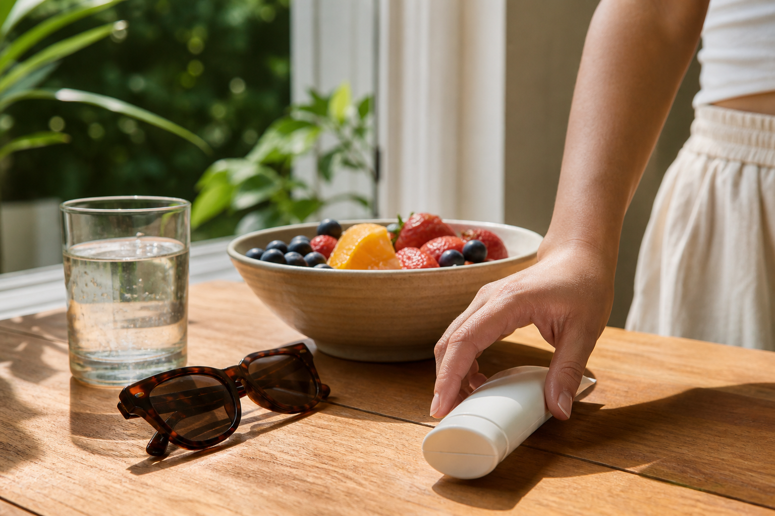 Hand reaching for unbranded sunscreen beside sunglasses, water, berries, and citrus.
