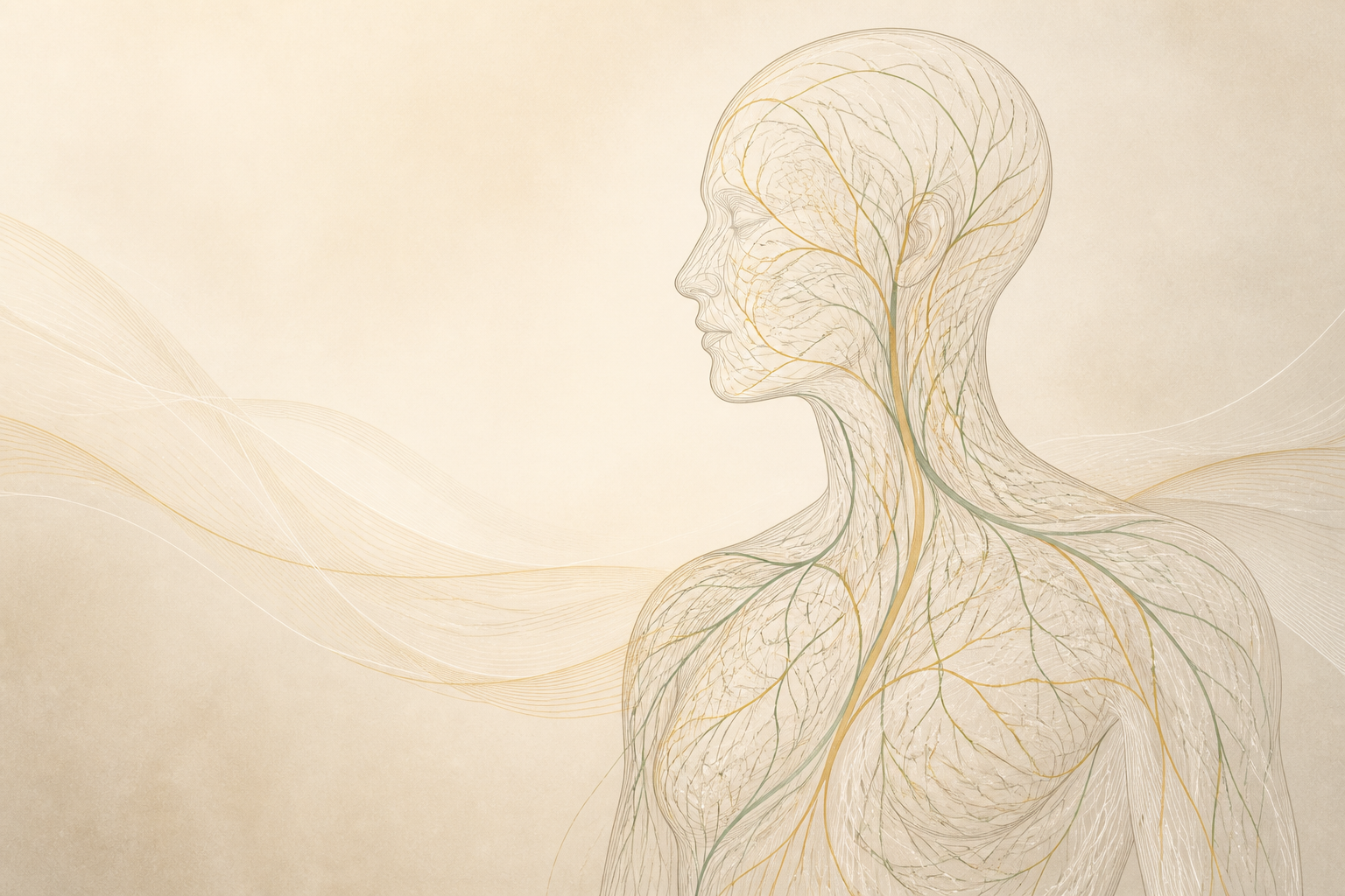 Abstract human profile formed by fine gold and green lines suggesting connected pathways.