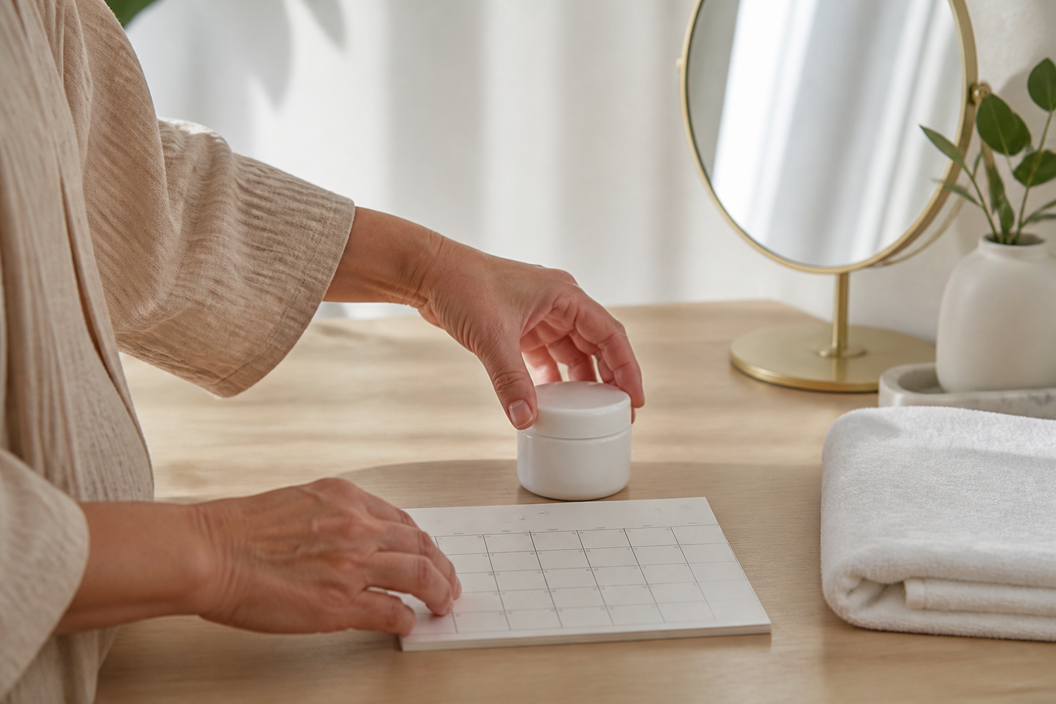 Mature hands placing an unbranded moisturizer beside a blank habit calendar and folded towel.