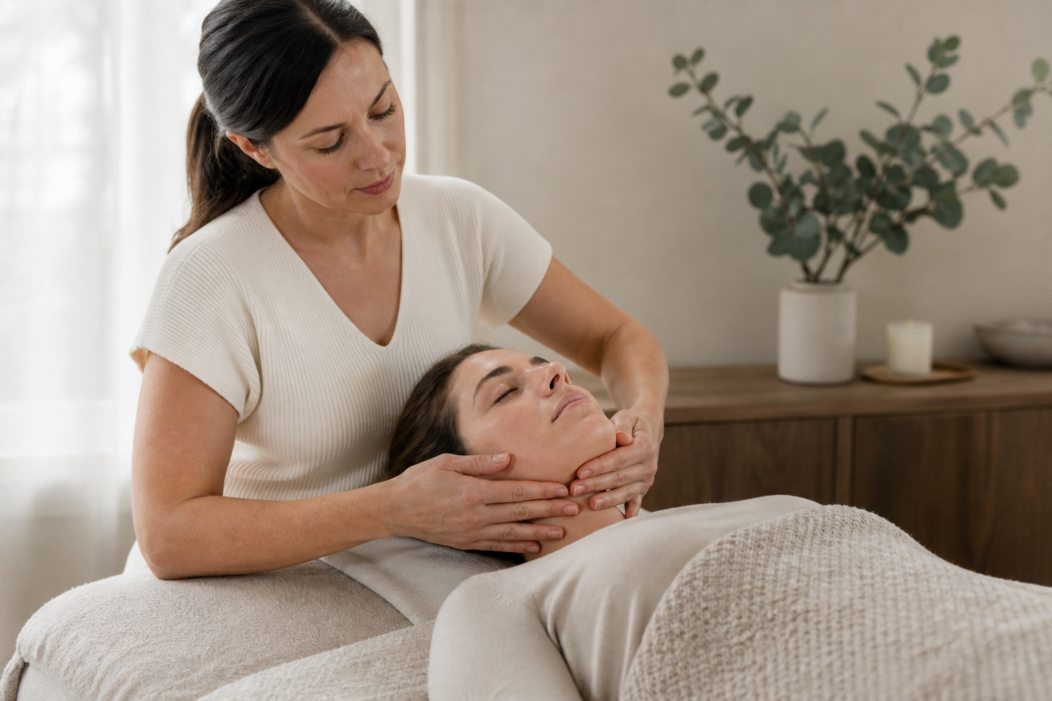 Esthetician using light open-hand massage along a relaxed client's jaw and neck.