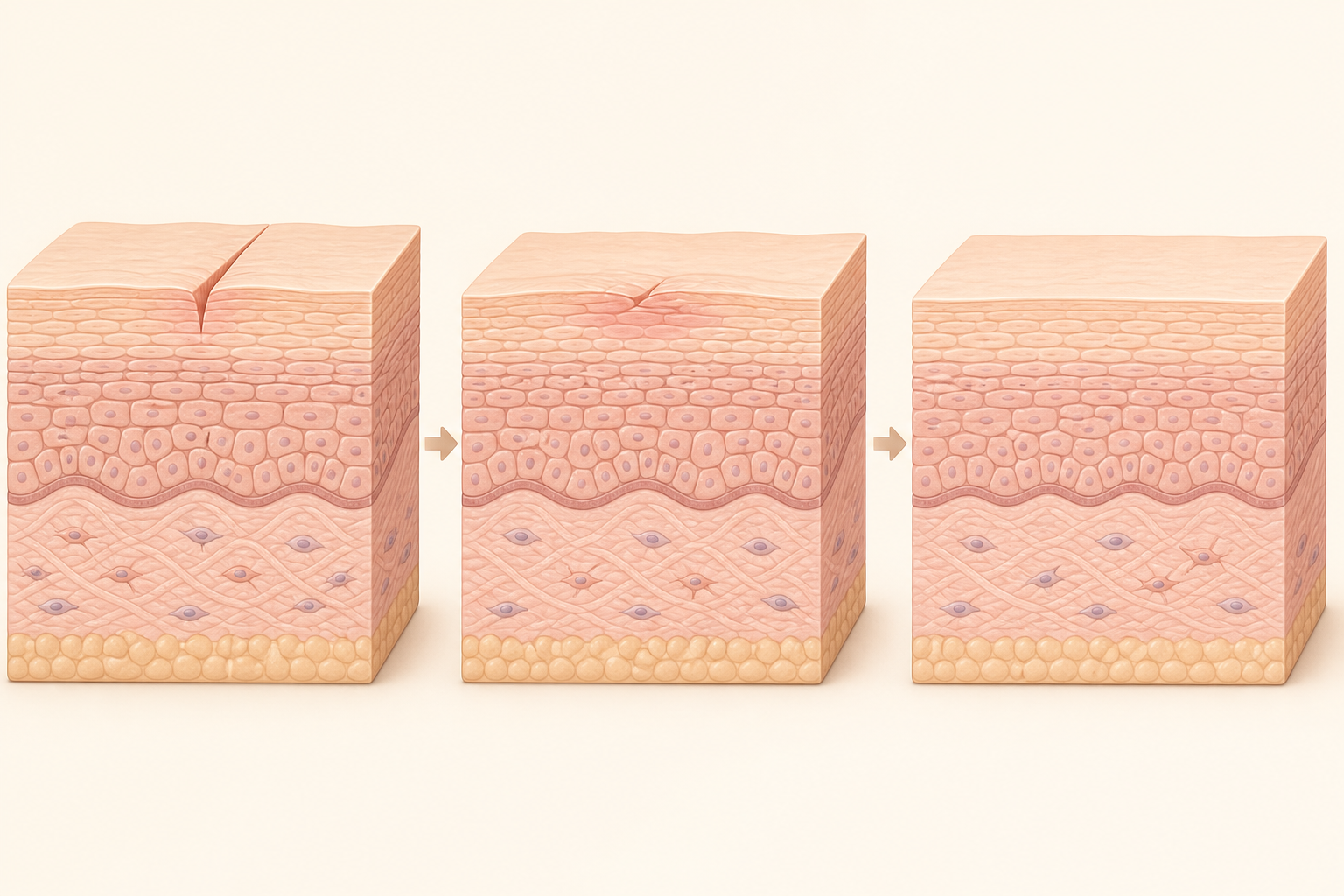 Simplified skin cross-sections showing a small surface scratch progressing toward a restored barrier.